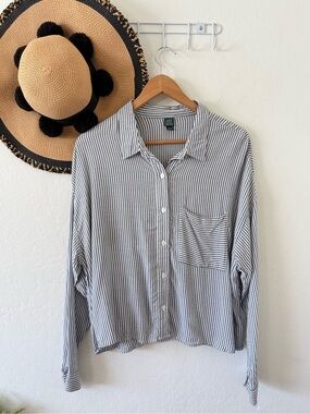 Wild Fable Blue & White Stripe Long Sleeve Cropped Button Down Top XXL Coastal